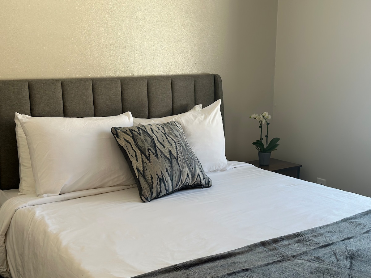 A spacious bed is presented with crisp white linens and accented by a patterned decorative pillow. A small nightstand holds a potted orchid, while soft light illuminates the neutral walls, creating a calm ambiance.