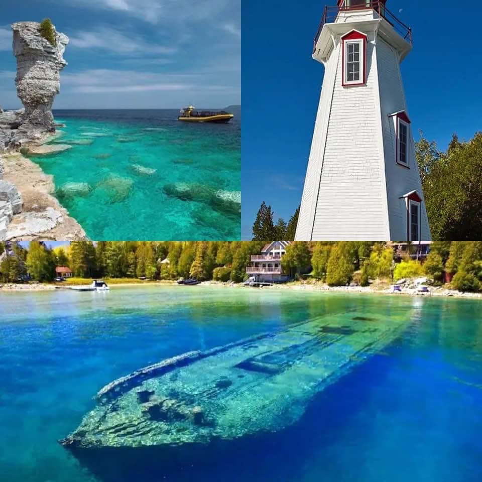 A collage depicts stunning natural and scenic features. The upper left shows a rock formation against a clear blue water backdrop. The upper right features a white lighthouse with red accents, set amidst greenery. The lower half captures the submerged remains of a ship, visible through the vibrant turquoise water.
