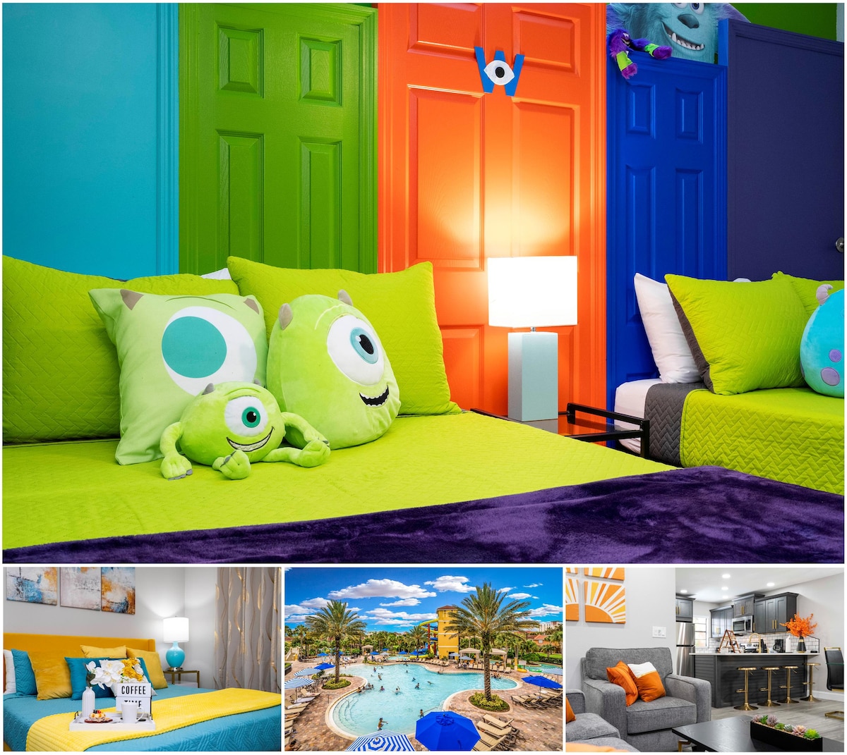 A vibrant Monsters Inc-themed double bedroom is presented, showcasing two double beds adorned with colorful bedding and plush character pillows. The walls are decorated in bold hues of blue and orange. A bedside lamp provides soft lighting, enhancing the playful decor.