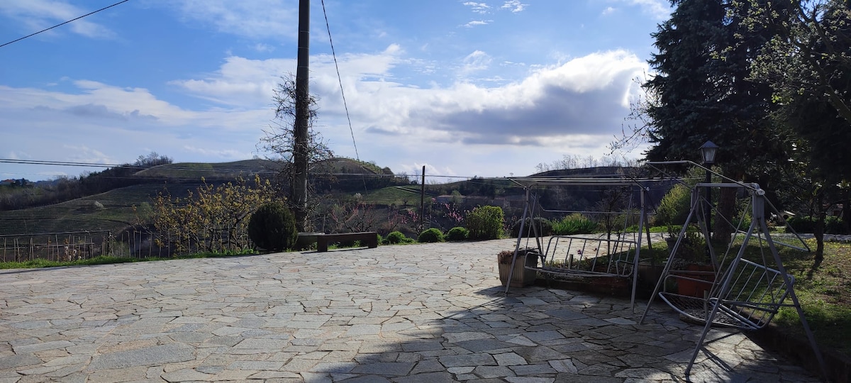 A spacious outdoor area is presented, featuring a stone pathway leading to a panoramic view of rolling hills. Lush greenery and neatly arranged planters are visible, while a swing set stands nearby, inviting relaxation. Faint outlines of distant vineyards and trees create a serene backdrop.