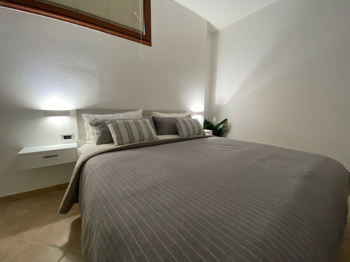 A well-appointed sleeping area features a spacious bed with soft linens and decorative pillows. Two bedside lamps provide gentle lighting. A small window allows for natural light to enter, complemented by a potted plant situated nearby.