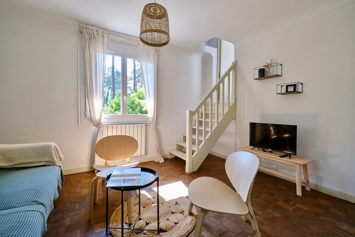 A bright living area showcases natural light streaming through a large window. A cozy sofa bed is positioned next to a round coffee table. Two modern chairs are situated near the table, and a TV is displayed on the opposite wall, complemented by a decorative shelf.
