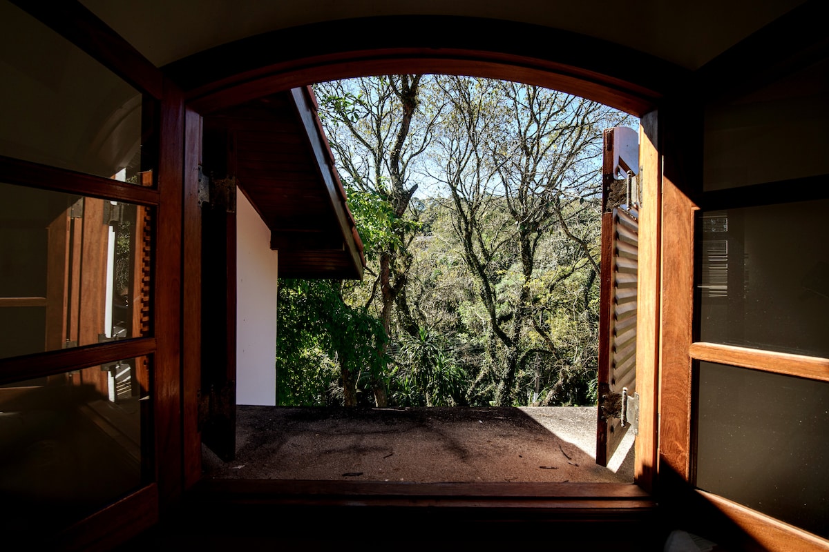 An open window offers a view of lush green trees outside, with sunlight filtering through the leaves. The wooden frame contrasts with the natural landscape, providing a serene connection to the outdoors.