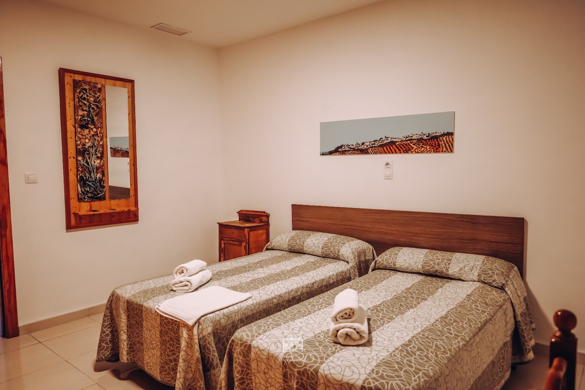 The guest room features two spacious beds dressed in patterned linens. A wooden nightstand rests beside one bed, and a mirror is mounted on the wall, reflecting the room's simple decor. A wall art piece depicting a rural landscape is also visible.