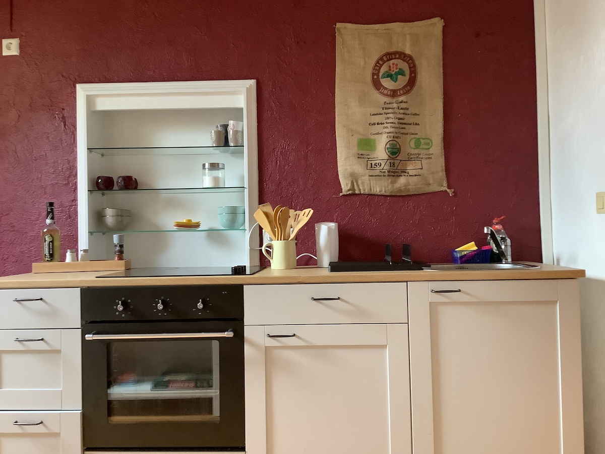 The kitchen is presented with modern cabinetry and a bold maroon wall. A glass shelf displays various kitchen essentials, while a sleek stove and countertop offer ample preparation space. Cooking utensils are neatly arranged, contributing to a functional and inviting cooking area.