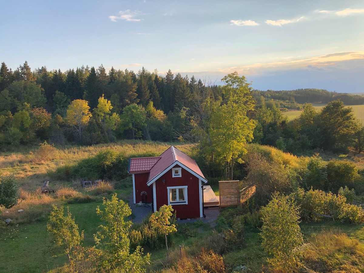 A red cabin is nestled in a natural landscape, surrounded by trees and greenery. The outdoor area features a wooden deck, enhancing the connection to nature. The gentle rolling hills extend into the background, reflecting the tranquility of the setting.