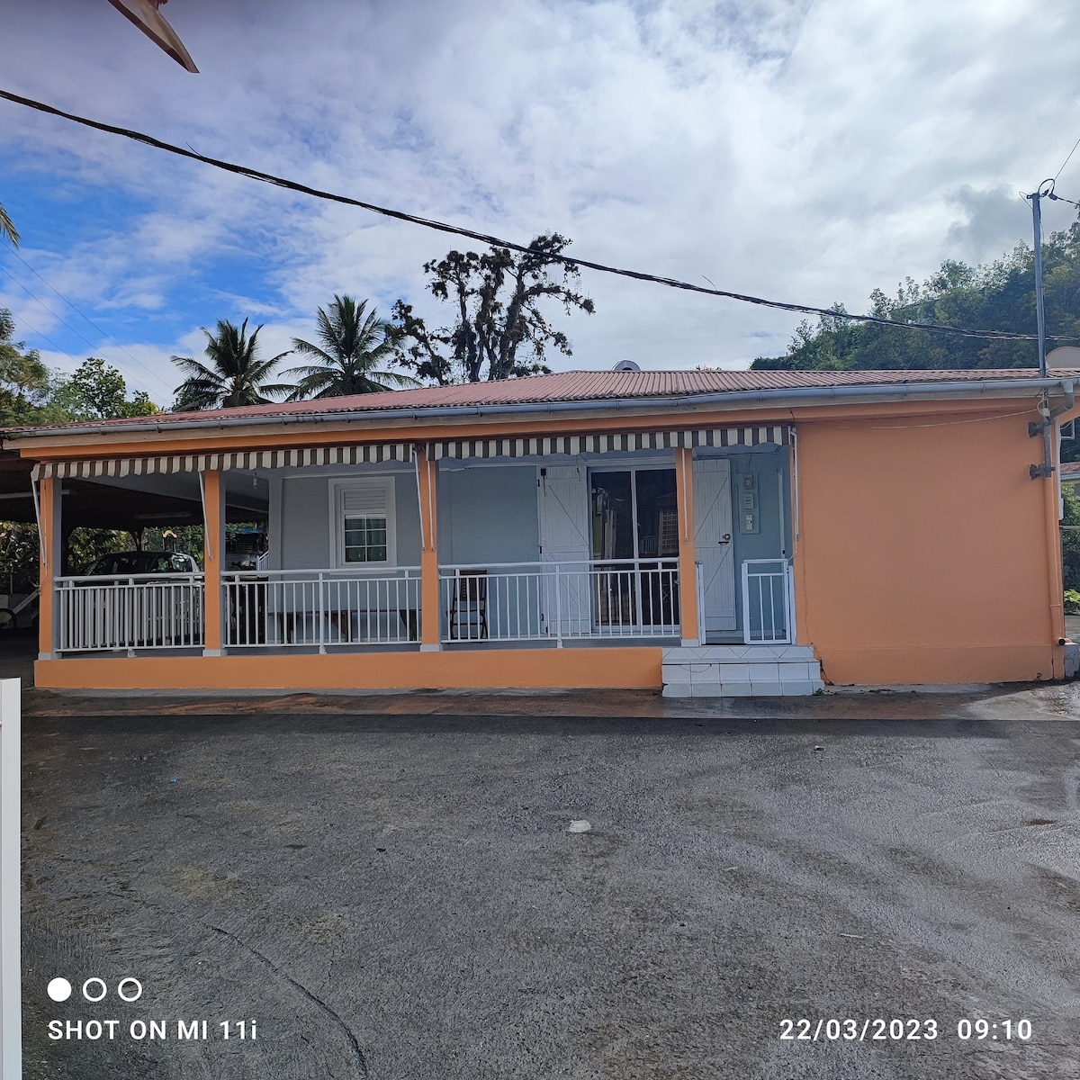 The exterior of a spacious house is shown, featuring a warm orange façade and a covered porch with white railings. The property is surrounded by palm trees and extends onto a driveway with ample parking space. Natural light is present, highlighting the welcoming design.