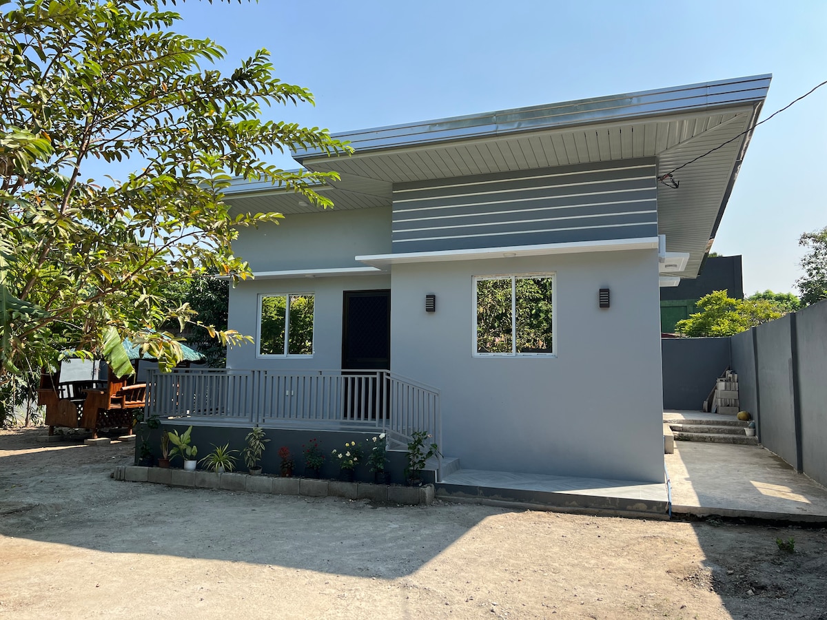 A modern single-story home is depicted, featuring a light grey exterior with large windows. A small porch with stylish railings is visible at the front. Nearby, greenery is present, enhancing the outdoor environment. The surrounding area appears well-maintained and spacious.