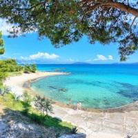 A scenic coastal view reveals clear blue waters gently lapping against a sandy shoreline. Lush green trees frame the image, creating a natural border. The sky is bright with a few wispy clouds, enhancing the serene atmosphere of this tranquil beach setting.