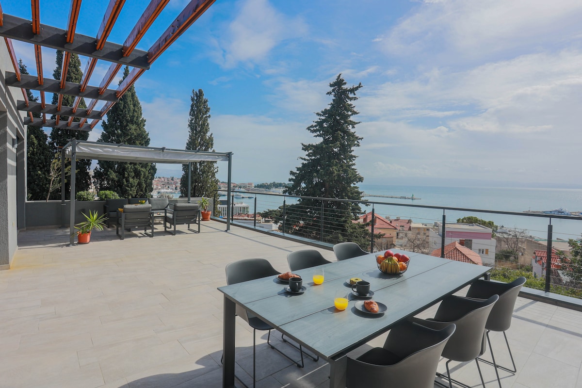 A spacious terrace is shown, featuring a large dining table surrounded by sleek black chairs. Sunlight brightens the area, and a variety of plants are positioned nearby. In the background, the view includes clouds and the sea, enhancing the outdoor setting.