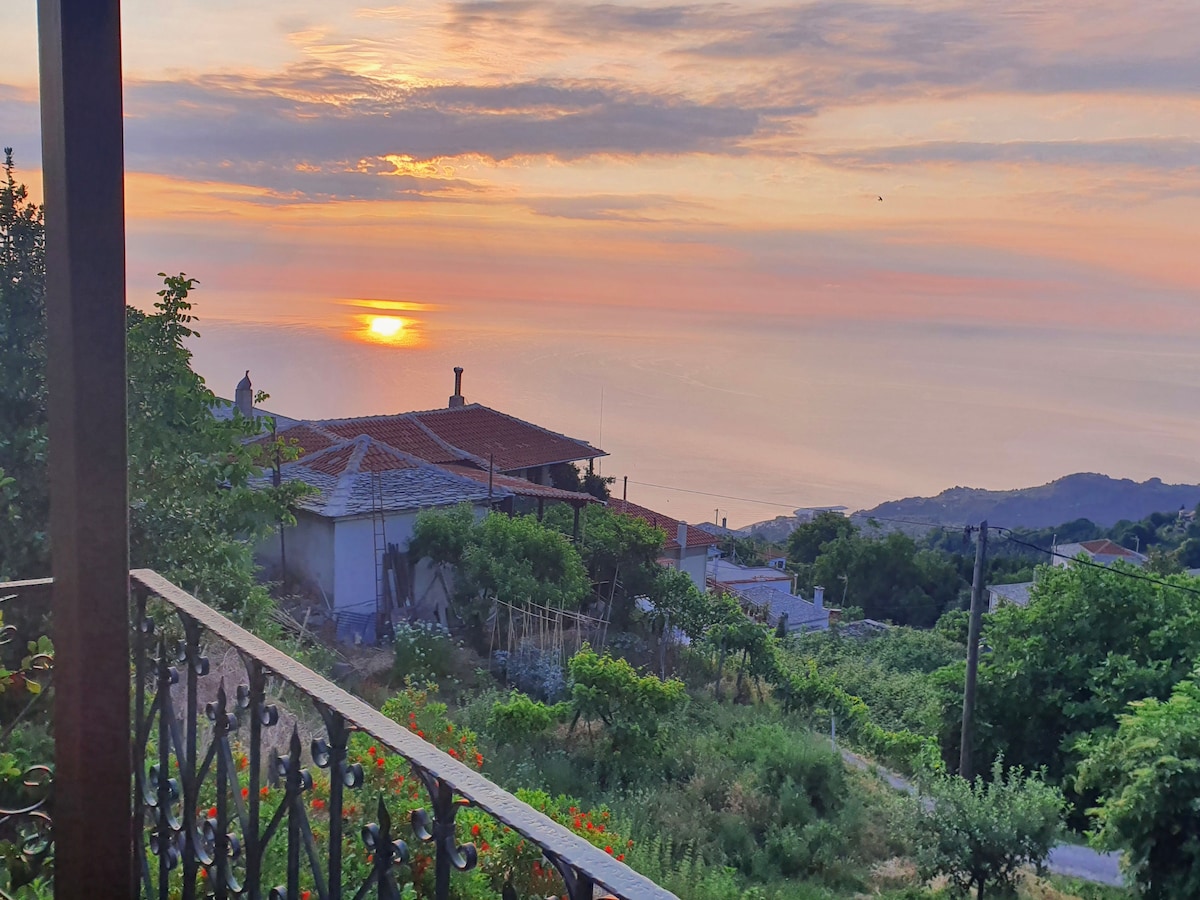 A view from the balcony captures a vibrant sunset over the Aegean Sea, with warm hues painting the sky. In the foreground, lush greenery and blooming flowers enhance the serene atmosphere, while traditional houses are visible in the distance.