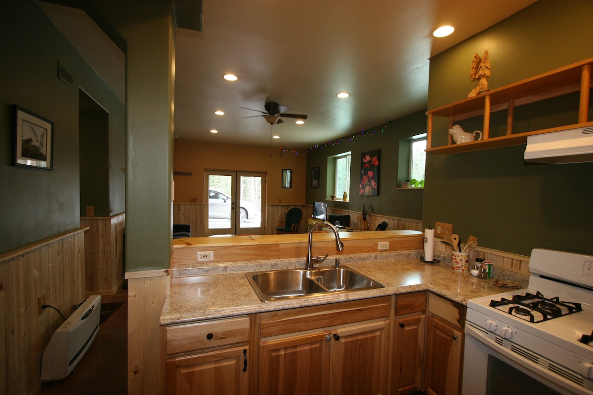 A well-equipped kitchen with wooden cabinetry is visible, featuring a double sink and a gas stove. Light-colored countertops complement the green walls. A living area can be seen in the background, with large windows allowing natural light to fill the space.