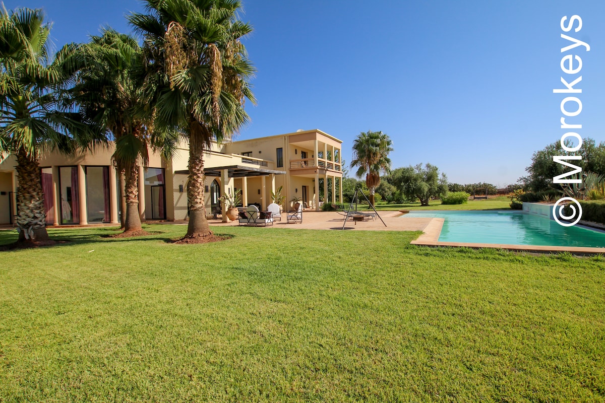 The villa is set in a lush, grassy area surrounded by palm trees. A private pool is visible beside a spacious terrace, where outdoor seating is arranged. The two-story structure features large glass windows, allowing natural light to illuminate the interior.
