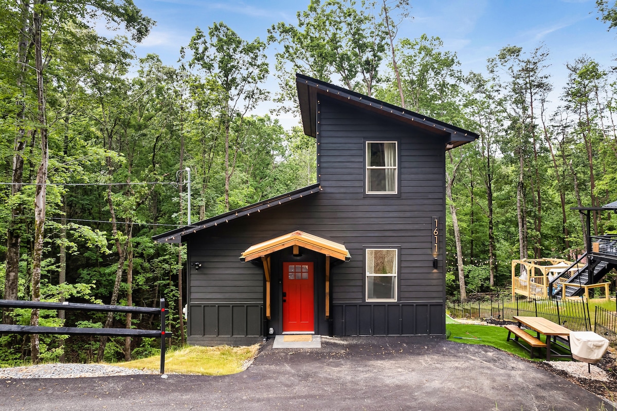 The cabin features a modern design with a striking dark exterior and a sloped roof, complemented by a vibrant red front door. Surrounding greenery offers a natural setting, and a paved driveway leads to the entrance.
