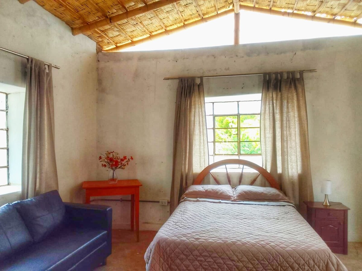 A spacious sleeping area features a large bed with a quilted cover and natural light flowing in through a window. A comfortable blue sofa sits adjacent to a small wooden table and a nightstand with a lamp. Light-colored curtains frame the window, enhancing the serene ambiance.