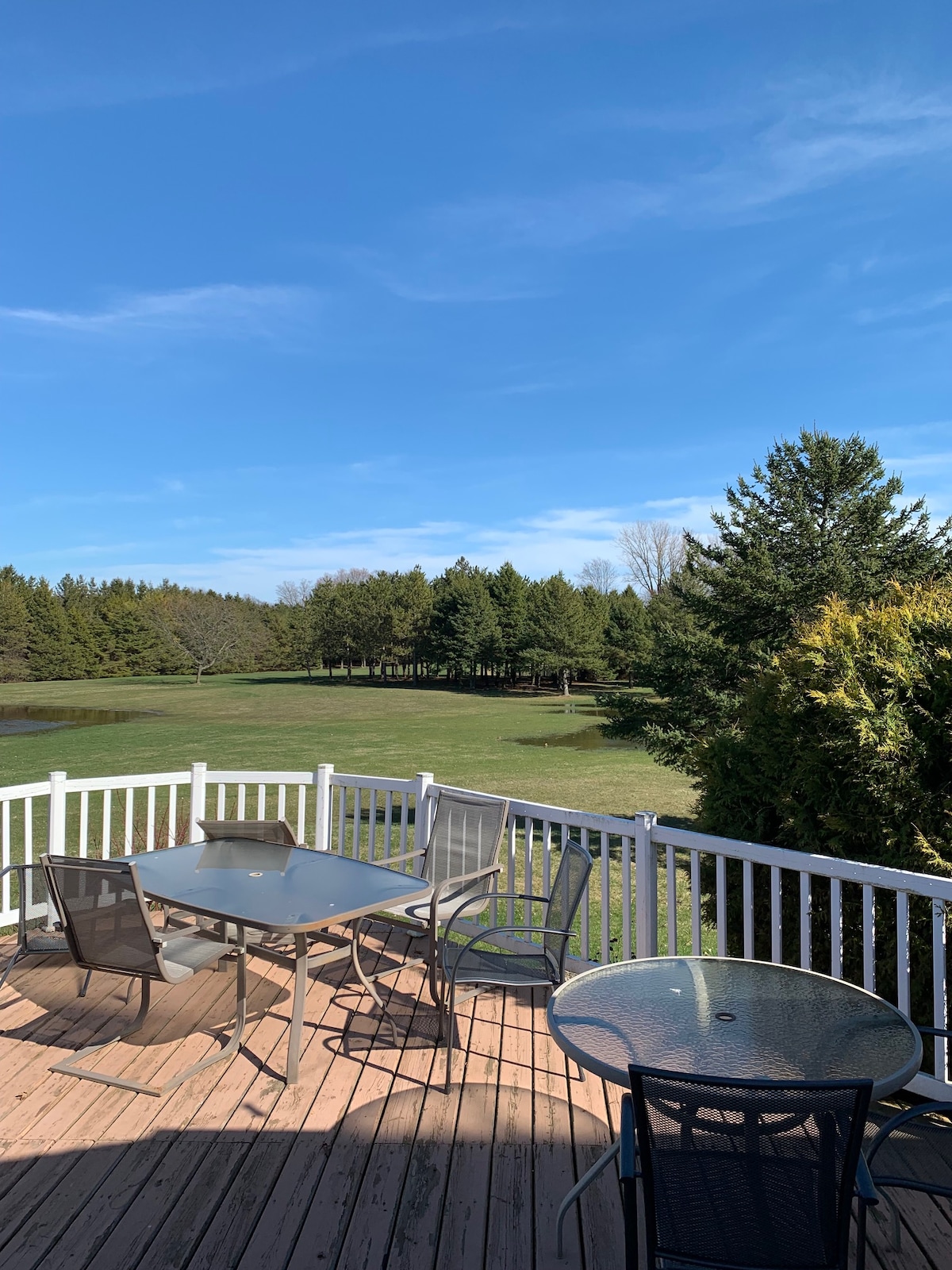 A spacious deck features a table surrounded by several chairs, offering views of the green, manicured lawn and a distant tree line. Clear blue skies enhance the serene outdoor setting, inviting relaxation and enjoyment of nature.