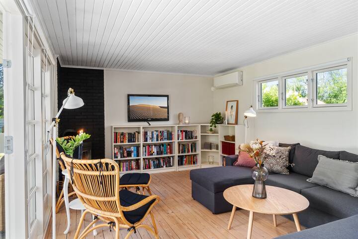 Salon confortable avec poêle à bois et canapé pour toute la famille. Pompe à chaleur qui peut à la fois chauffer et refroidir.
