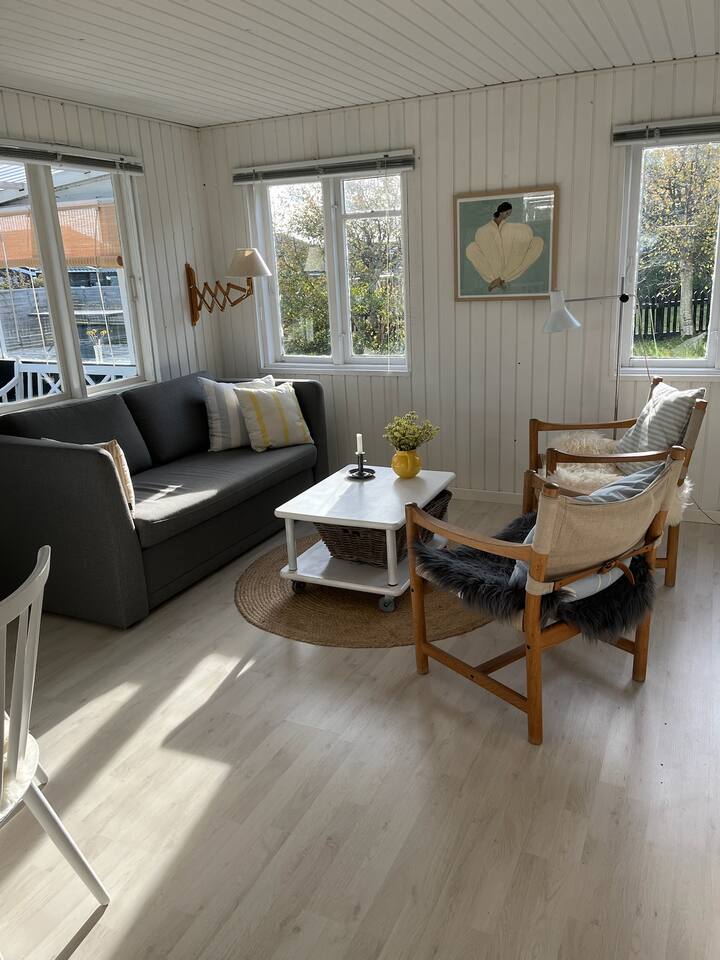 Sebule angavu yenye kona ya sofa na viti vya starehe – mpango wazi wa jikoni.