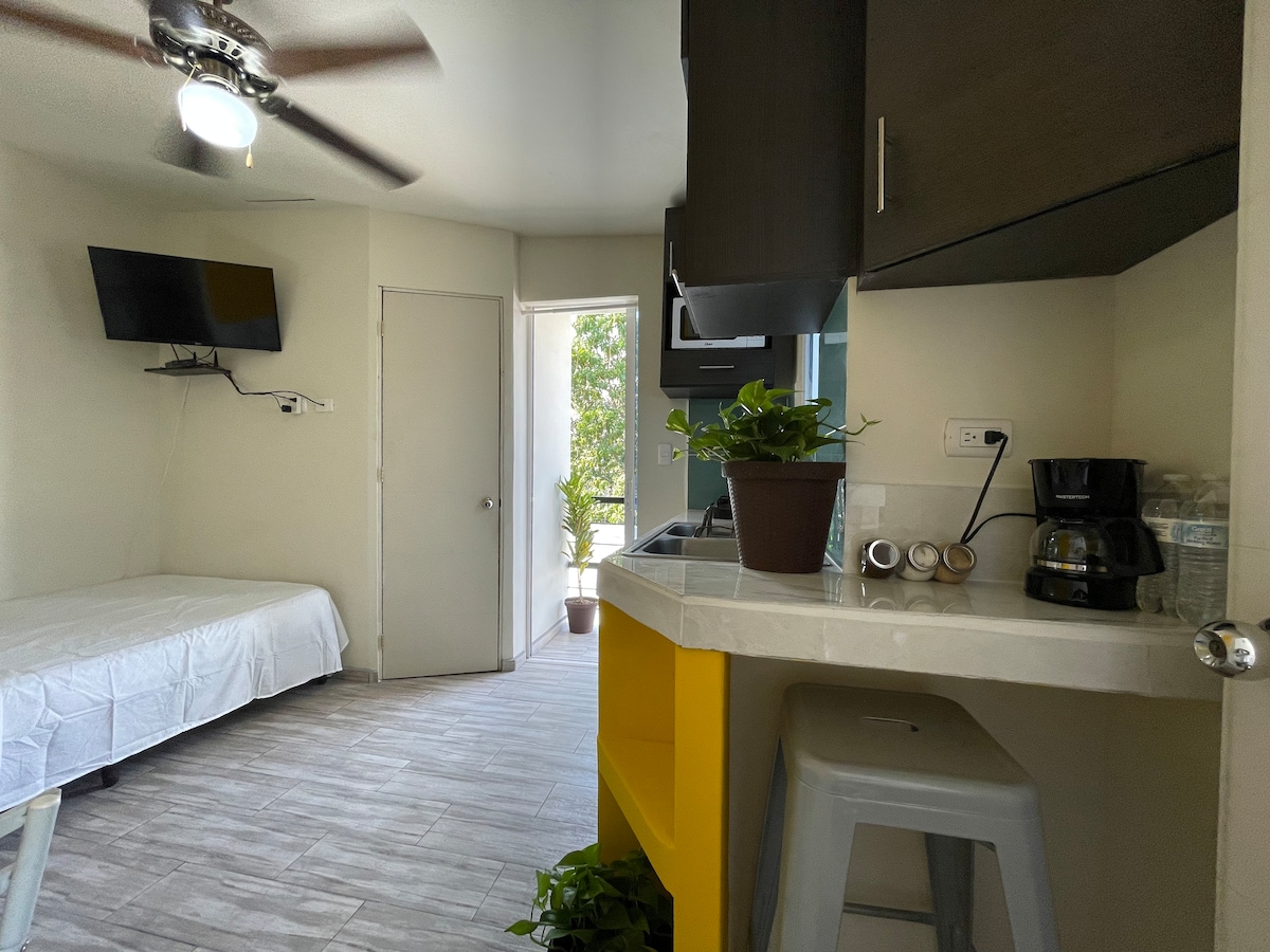 A compact studio space is showcased, featuring a simple kitchenette with a coffee maker and potted plant. A small dining stool is positioned nearby. A bed with white bedding is visible, along with a mounted TV on the wall. Natural light floods the area from an adjacent window.