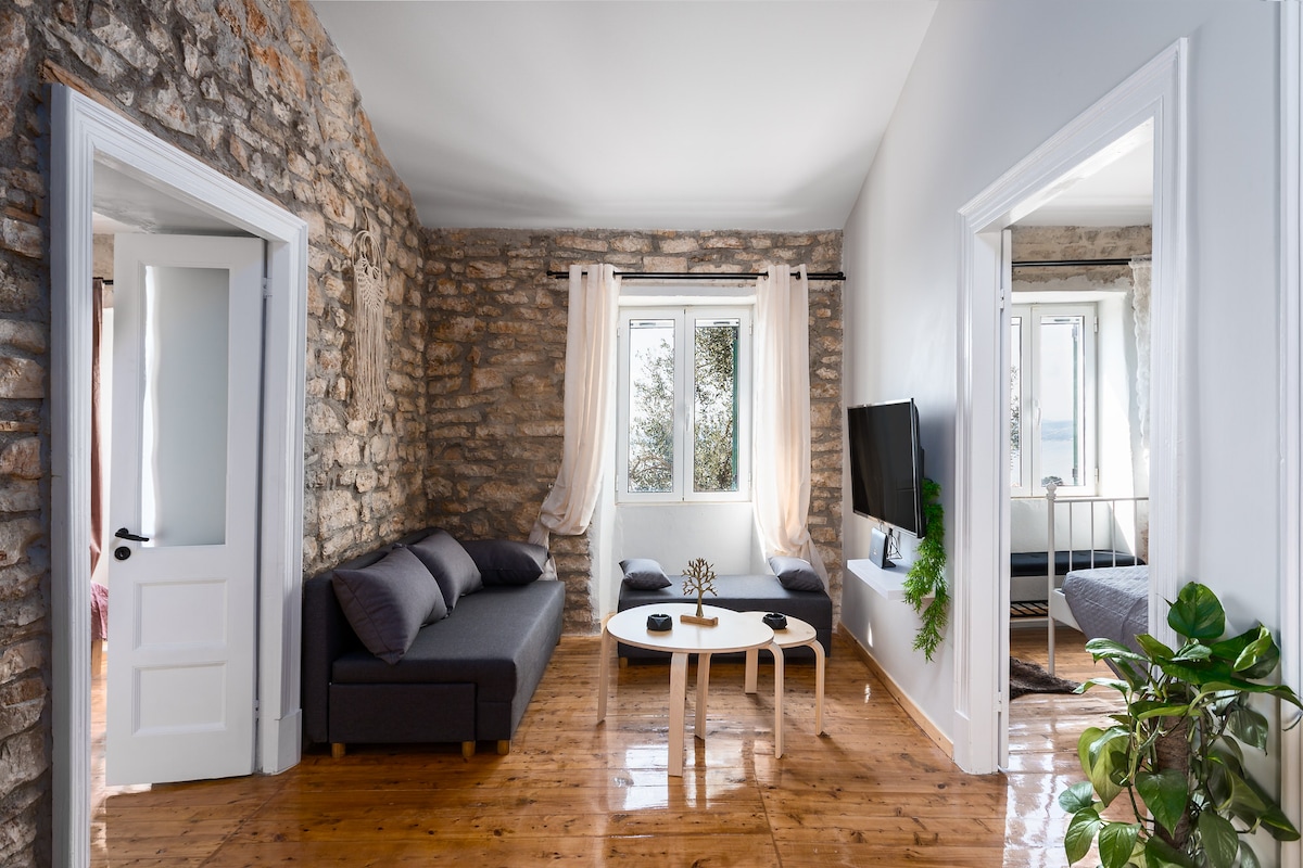 A cozy living room area features natural stone walls complemented by minimalist furnishings. A light-colored coffee table is positioned centrally, surrounded by dark seating options. Two windows allow natural light to illuminate the space, while a lush potted plant adds a touch of greenery.