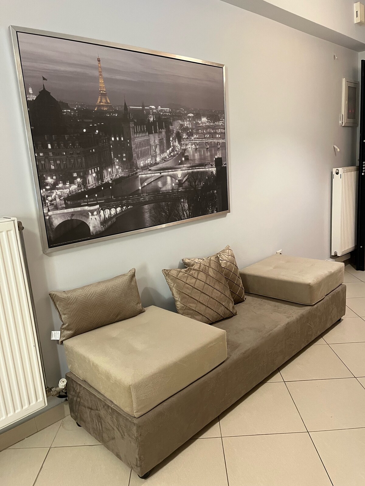 A sleek and modern seating area features a low, neutral-colored couch with decorative cushions. A large black-and-white photograph depicting a Parisian skyline is mounted on the wall above, complementing the minimalist décor.