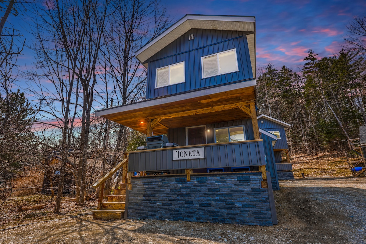 A cozy cabin exterior features a two-story structure with a blue facade and a welcoming porch. The front steps lead to an inviting entrance, while large windows allow natural light to fill the interior. Surrounding trees provide a serene backdrop against a pastel sky at dusk.