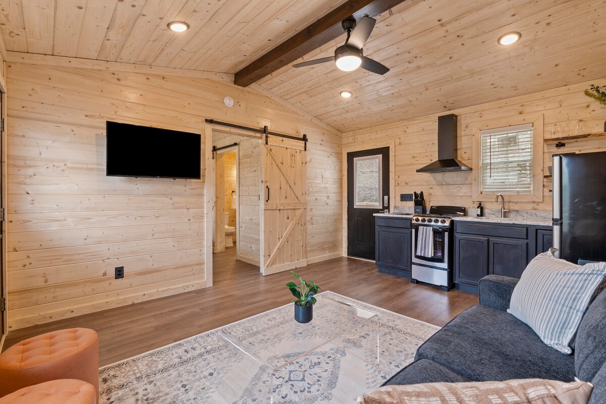 An inviting cabin living space features wooden walls and a ceiling, complemented by recessed lighting. A sleek kitchen area with modern appliances is visible. A comfortable sofa and a stylish coffee table are arranged well, while a flat-screen TV is mounted on the wall for entertainment.