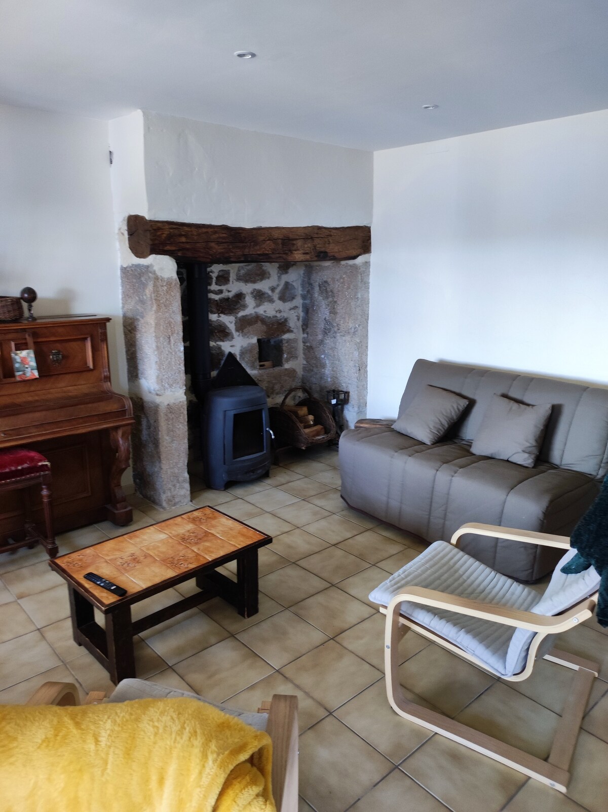 The living area features a stone fireplace with a modern wood stove, surrounded by a cozy arrangement of seating. A wooden table is positioned centrally, offering a functional space. Natural light is present, enhancing the subdued tones of the furnishings.