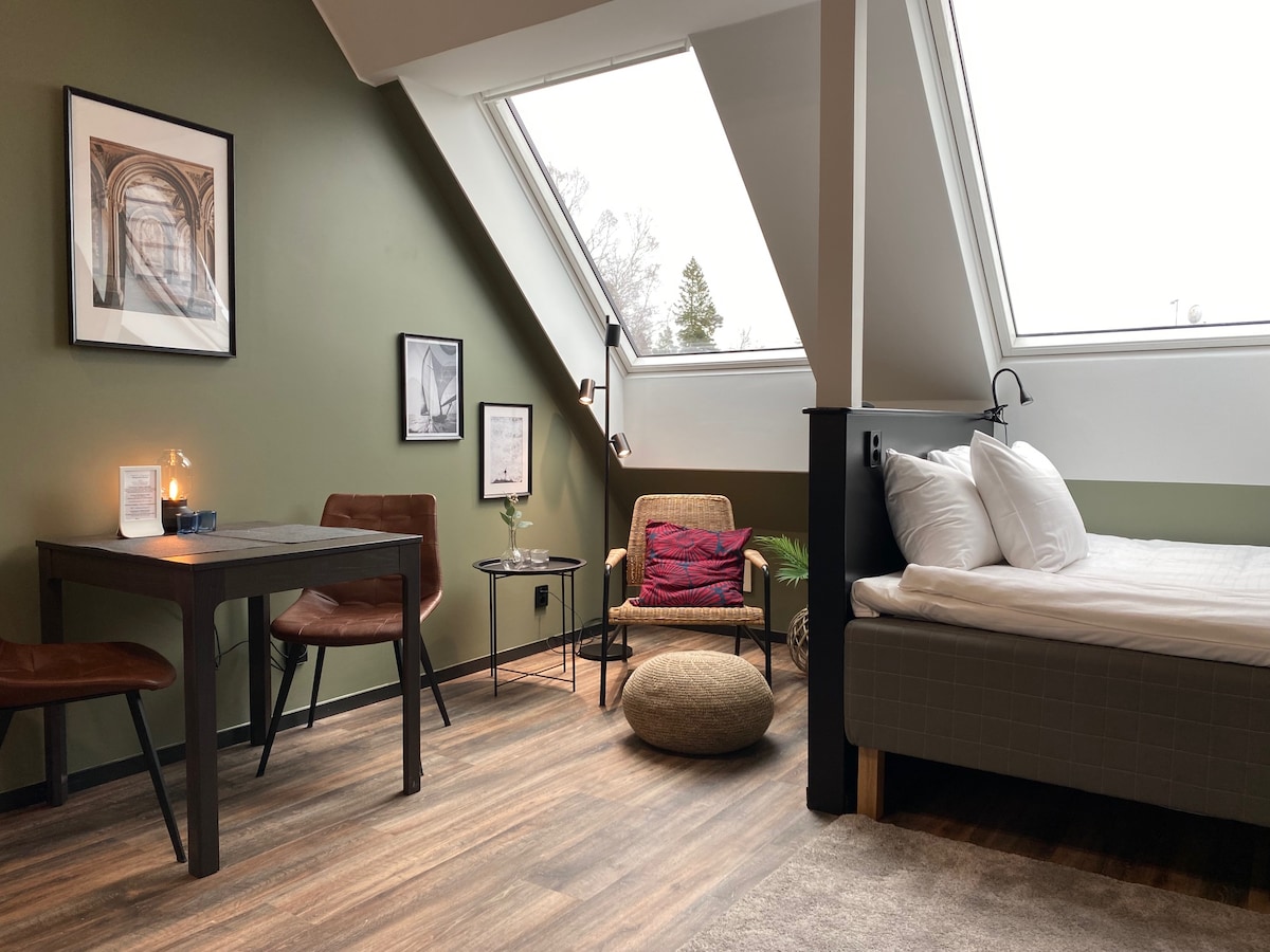 A well-appointed room features a spacious bed alongside a cozy seating area. Large skylights allow natural light to fill the space, while a small table and chairs provide a dining and work area. Decorative elements include wall art and plants, creating a relaxing atmosphere.