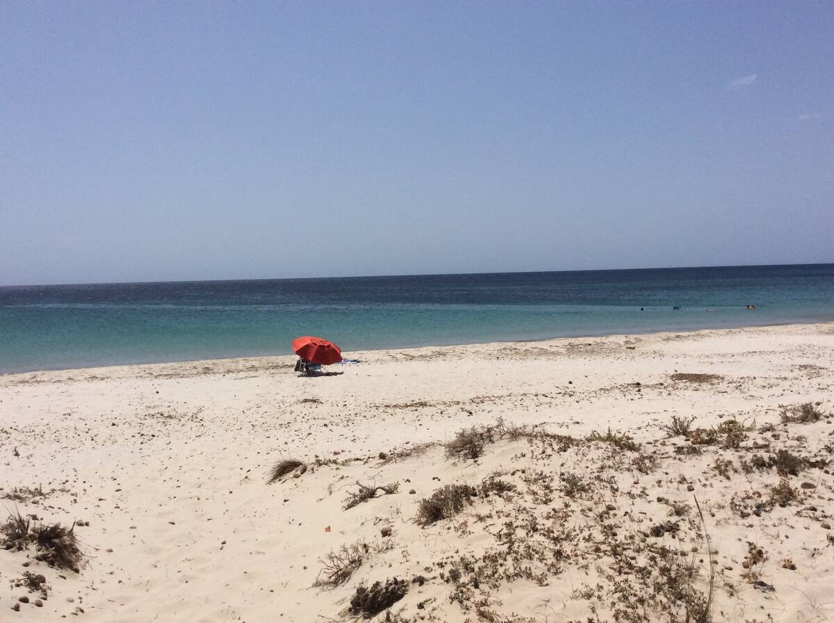 A sandy beach stretches along the shoreline, with gentle waves rolling in from the turquoise sea. An orange umbrella provides shade on the sand, while sparse vegetation dots the landscape. The horizon features a clear sky, blending seamlessly with the water.