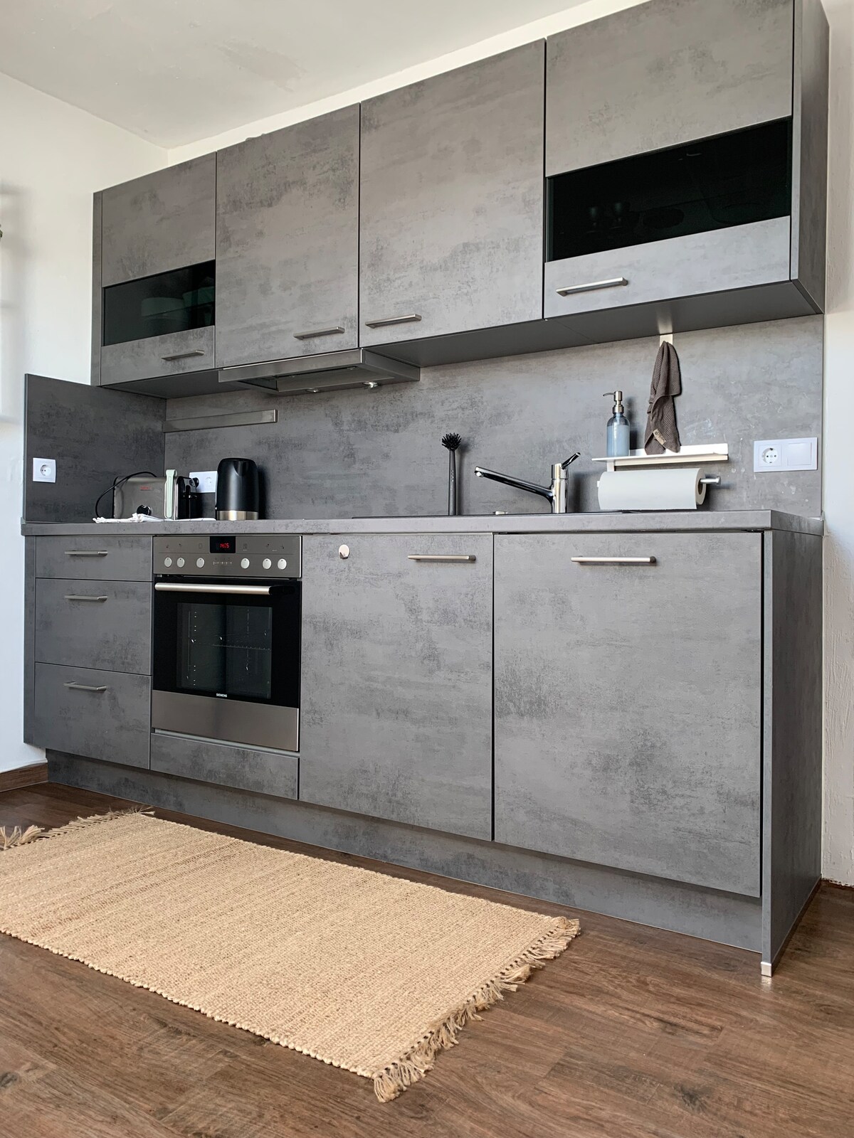 The kitchen is equipped with modern gray cabinetry, featuring an oven, stove, and dishwasher. A coffee maker and kettle are visible, along with a countertop sink. A textured rug lies on the floor, complementing the warm wood tones.