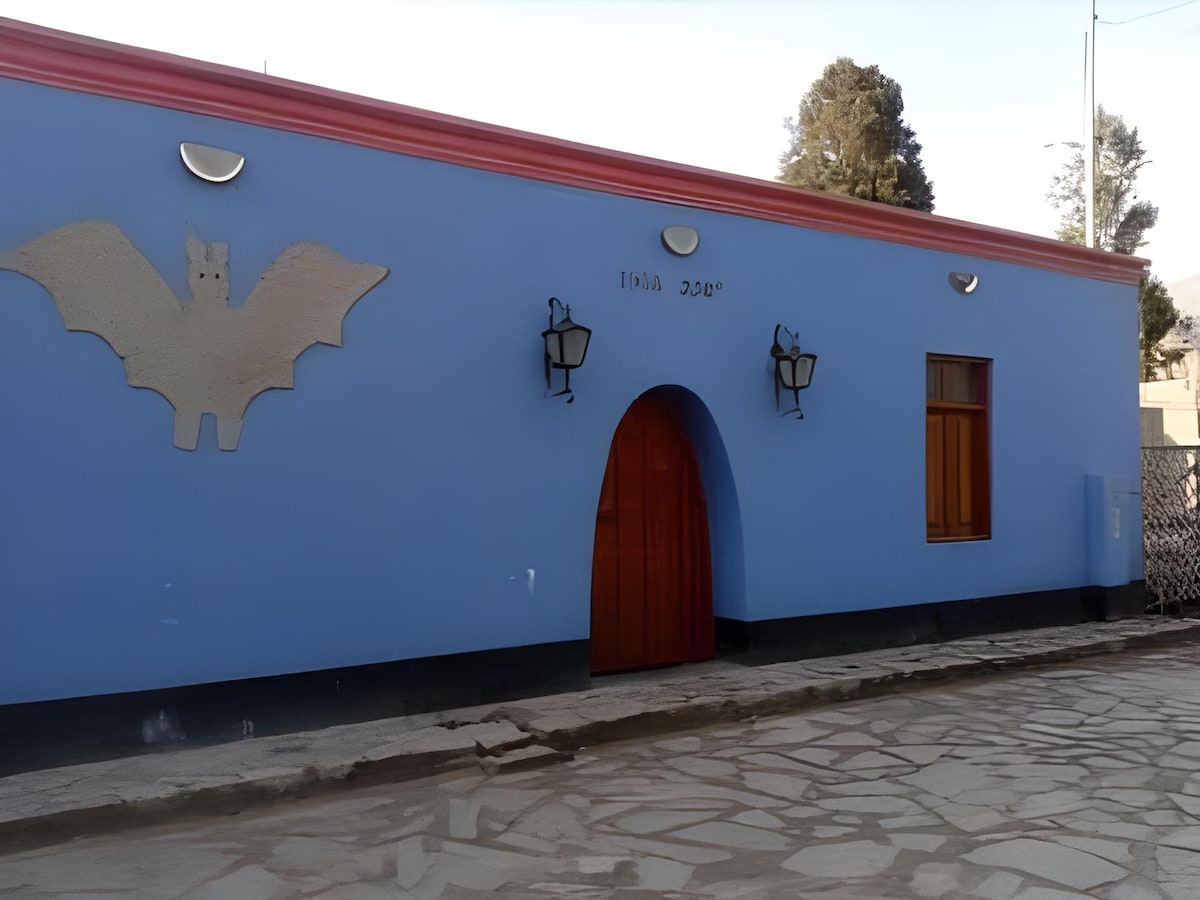 A bright blue exterior features a large bat sculpture, with two traditional lanterns on either side of an arched entrance. Two windows are positioned symmetrically on the façade, complementing the inviting design.