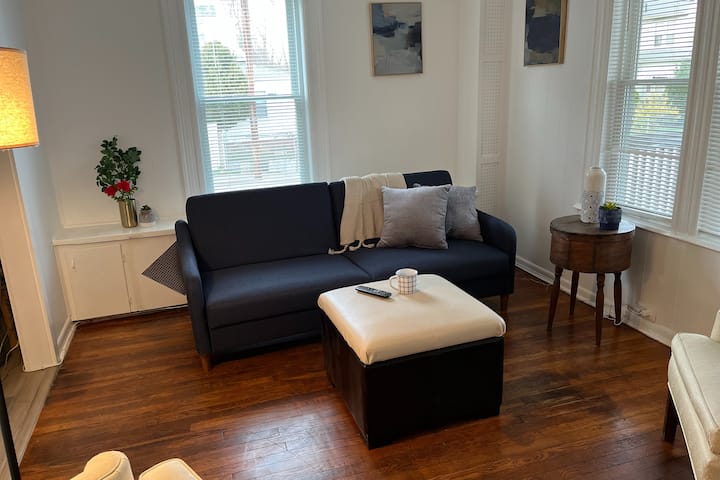 Pumzika katika sebule hii ya kustarehesha yenye skrini kubwa ya televisheni. Kochi la nyuma linalala chini ya kitanda cha ukubwa kamili.