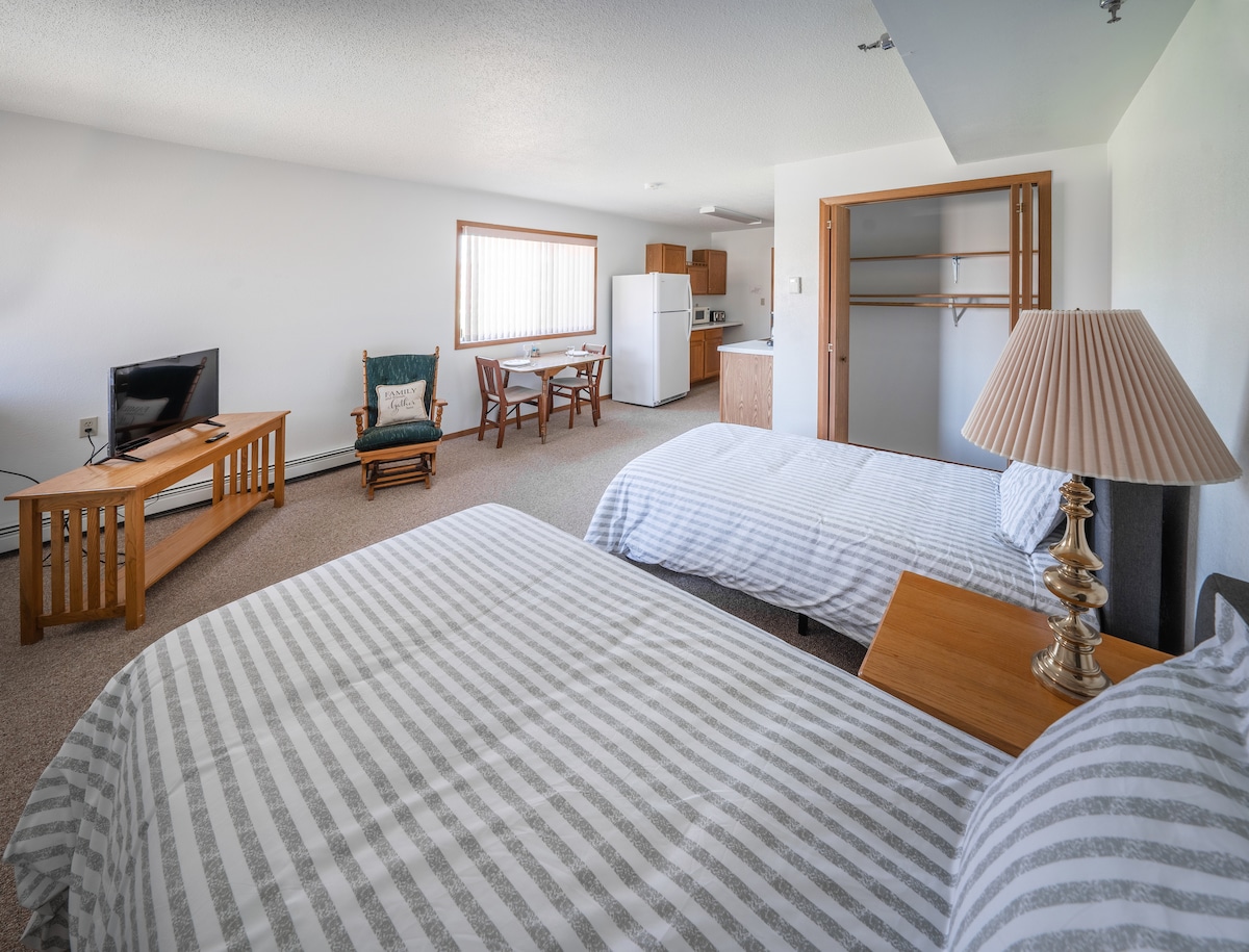 A spacious room is equipped with two twin beds featuring striped bedding. A small wooden table with chairs is visible, along with a television and a comfortable armchair. A kitchenette area is located in the background, complemented by a refrigerator.