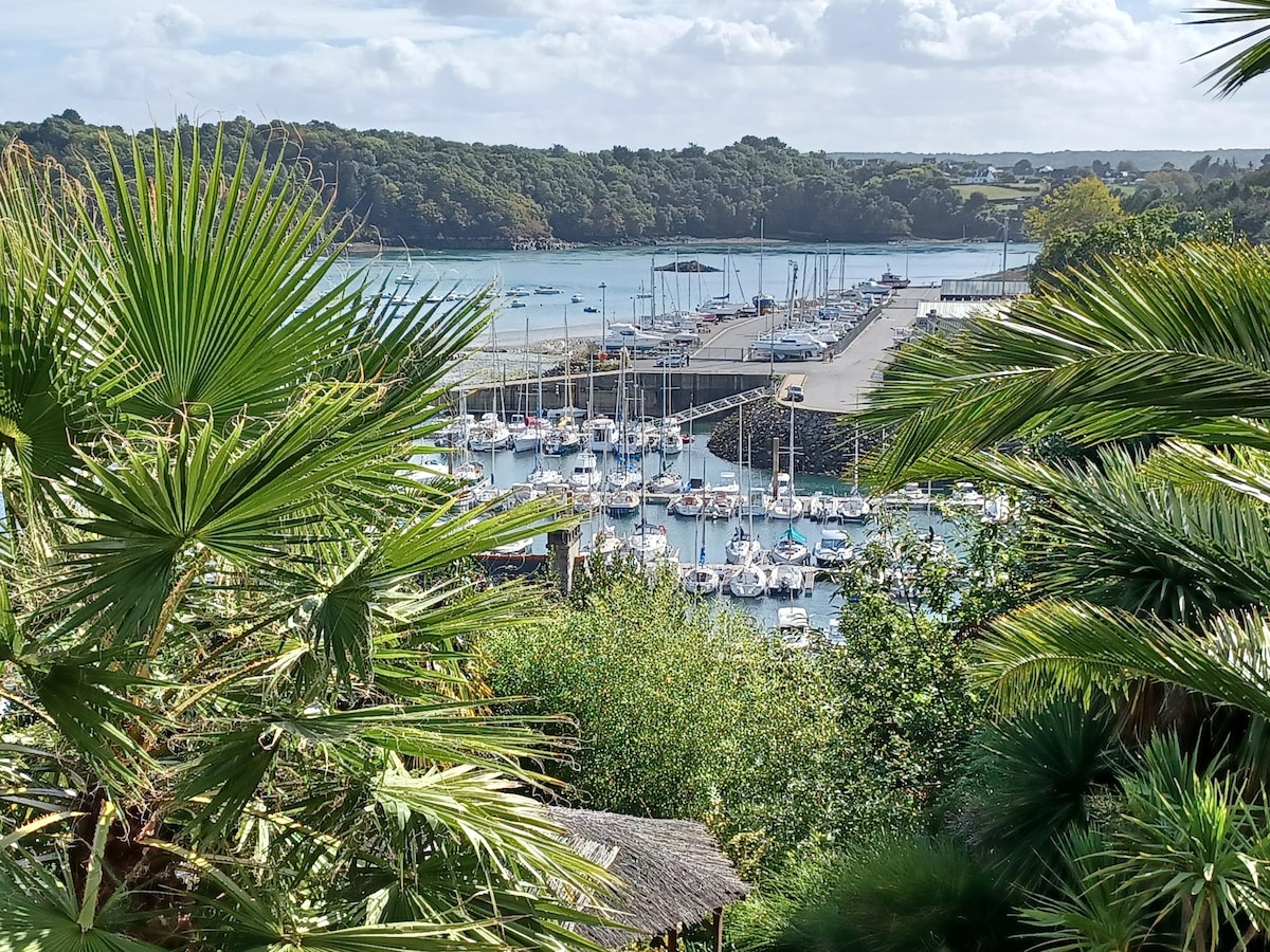 A scenic view of a harbor filled with sailboats, surrounded by lush greenery. The calm water reflects the sky, and the landscape is framed by tall palm leaves. The image captures the tranquility of waterfront life, highlighting the boats and the nearby dock.