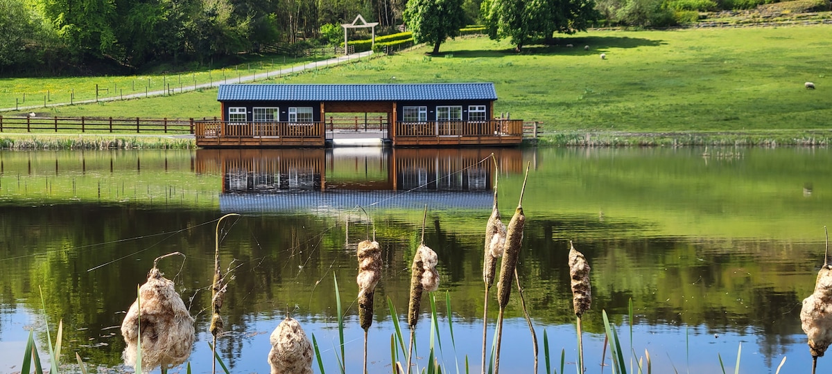 A serene cabin is situated over a tranquil lake, reflecting the blue sky and surrounding greenery. Esteemed for its rustic charm, the cabin features large windows and a welcoming porch. Aquatic plants and nature frame the foreground, contributing to the peaceful ambiance.