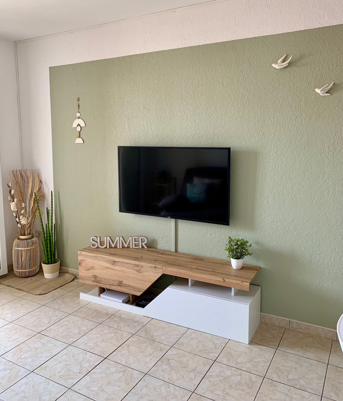 A living area is depicted, featuring a flat-screen TV mounted on a green accent wall. Below, a wooden console table holds decorative items and a plant. Two potted plants are positioned nearby, adding a touch of greenery to the space.