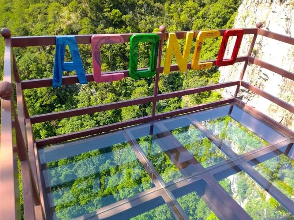 A viewing platform is displayed, featuring colorful letters spelling 'ACONCO' set against an expansive green landscape. The transparent floor panels reveal the forest below, providing a unique perspective of the surrounding nature. A sturdy railing surrounds the platform, ensuring safety.