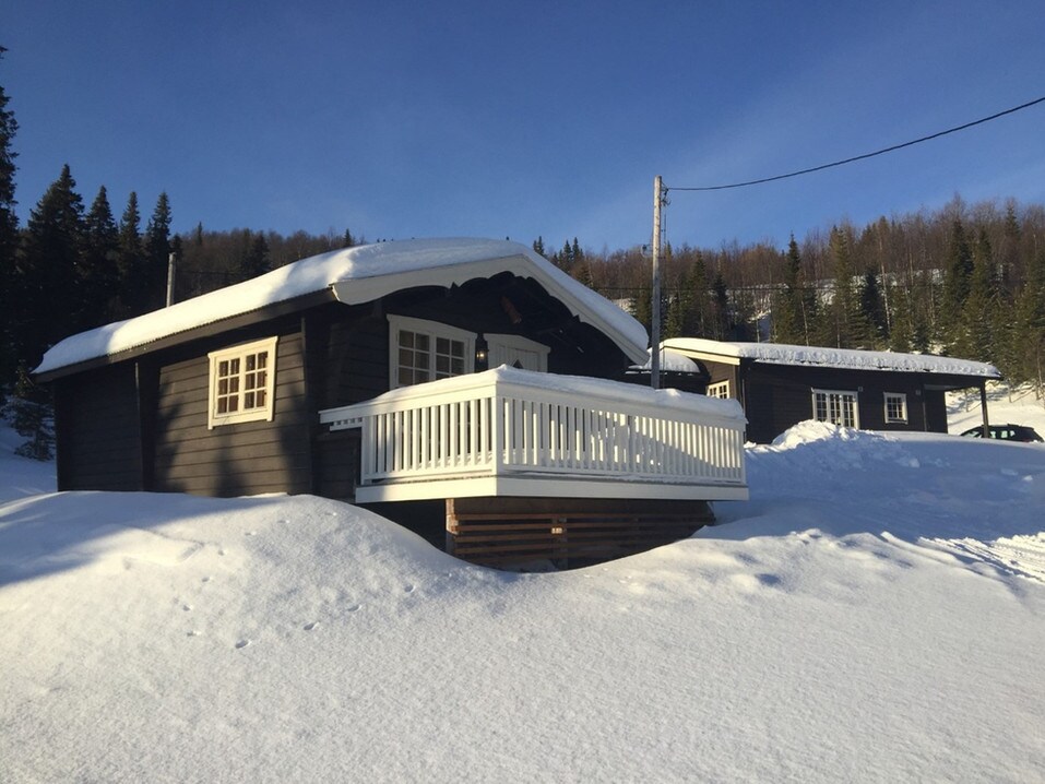 A wooden cabin is nestled in a snowy landscape, showcasing a white-railed balcony and large windows. Surrounding trees are visible in the background, and the spacious yard is blanketed with untouched snow. Clear blue skies add to the serene atmosphere of this winter retreat.