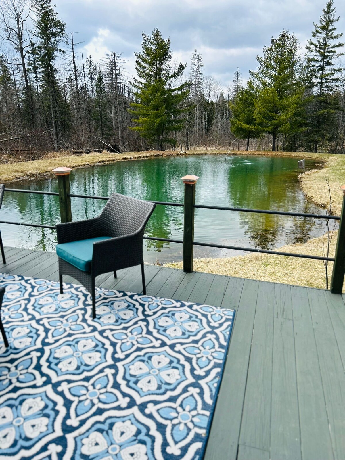 A deck overlooks a calm, green pond surrounded by trees. Two outdoor chairs are positioned on the deck, offering a serene view of the water. A patterned rug lies on the deck floor, adding texture to the outdoor space.