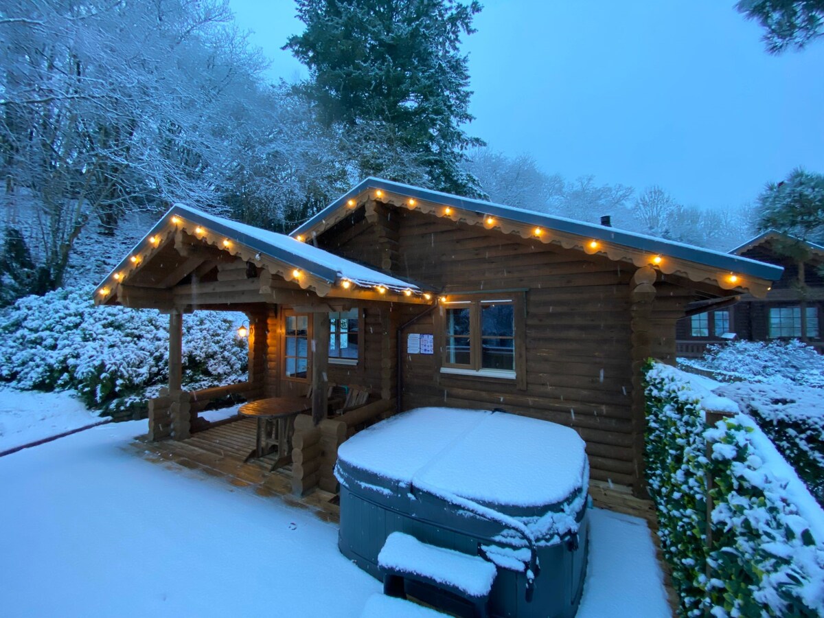 A log cabin is surrounded by a winter landscape, softly blanketed in snow. String lights outline the roof, providing a warm glow. A private hot tub is visible on the terrace, along with a wooden table and chairs. Snow-covered bushes frame the scene.