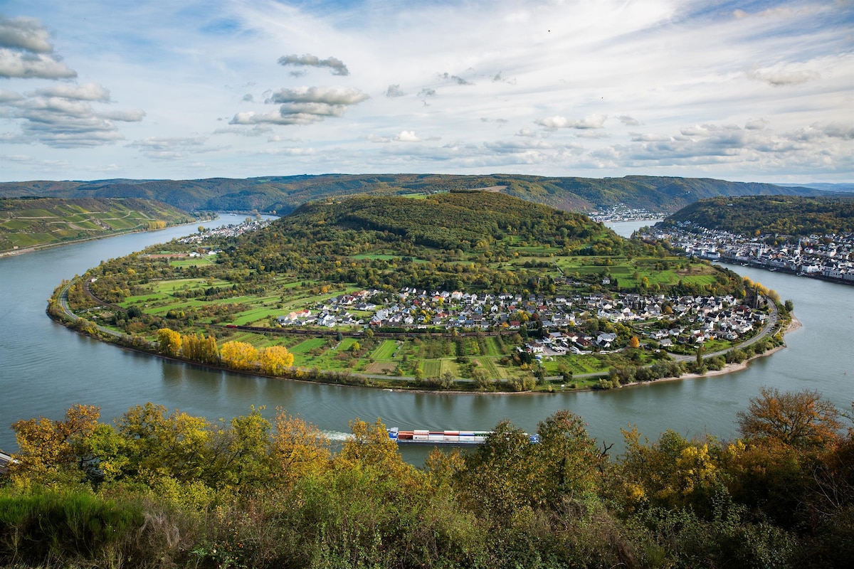 A sweeping view captures a curved river embracing a small, lush island with residential areas and greenery. Rolling hills surround the scene, while a cargo boat is seen navigating the water. The sky is partly cloudy, creating a serene atmosphere.