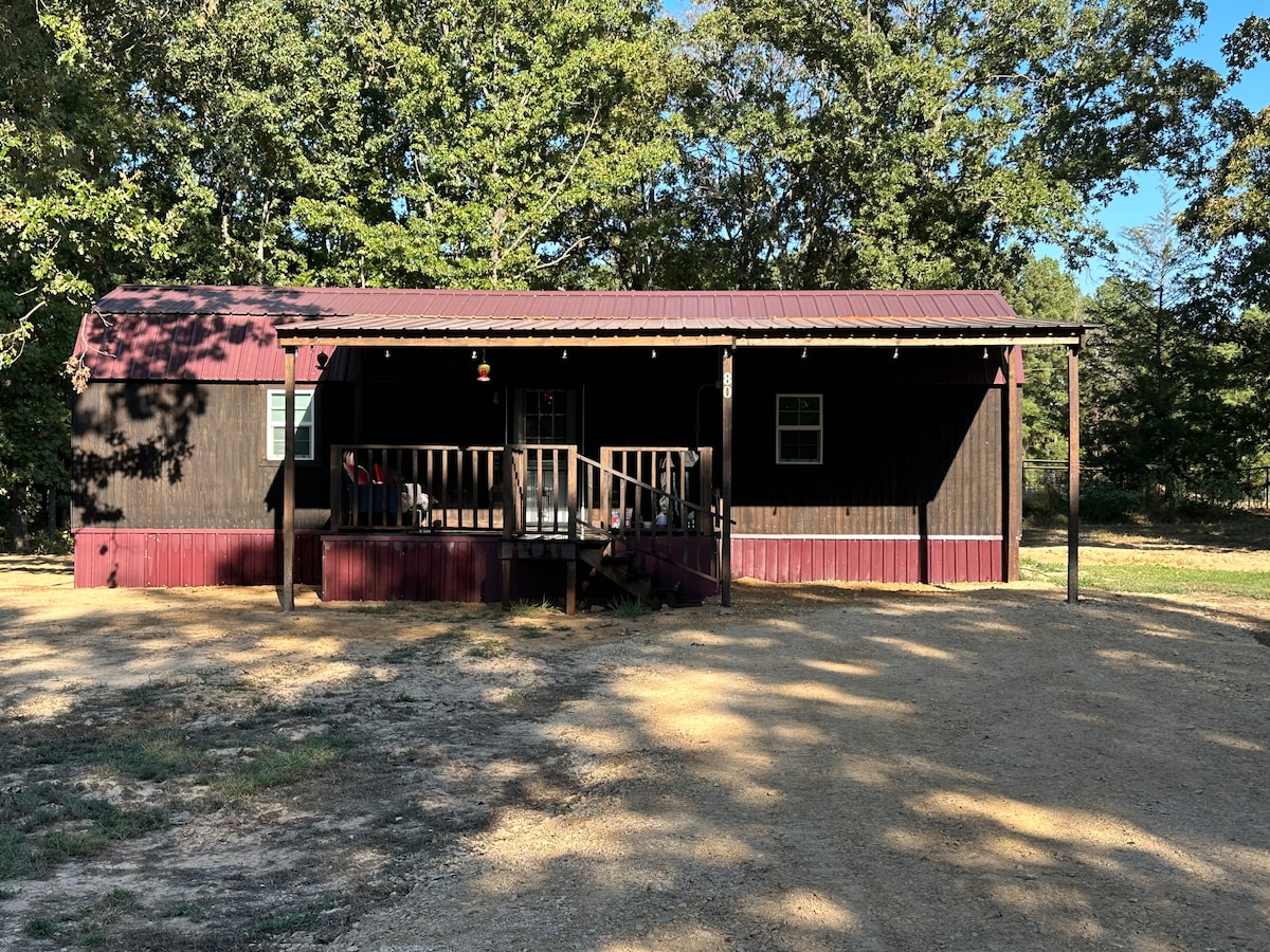 The cabin exterior showcases a charming design with a dark wooden facade and a red metal roof. A covered porch extends across the front, featuring a railing and steps leading to the yard. The surrounding area is shaded by trees, offering a peaceful setting.