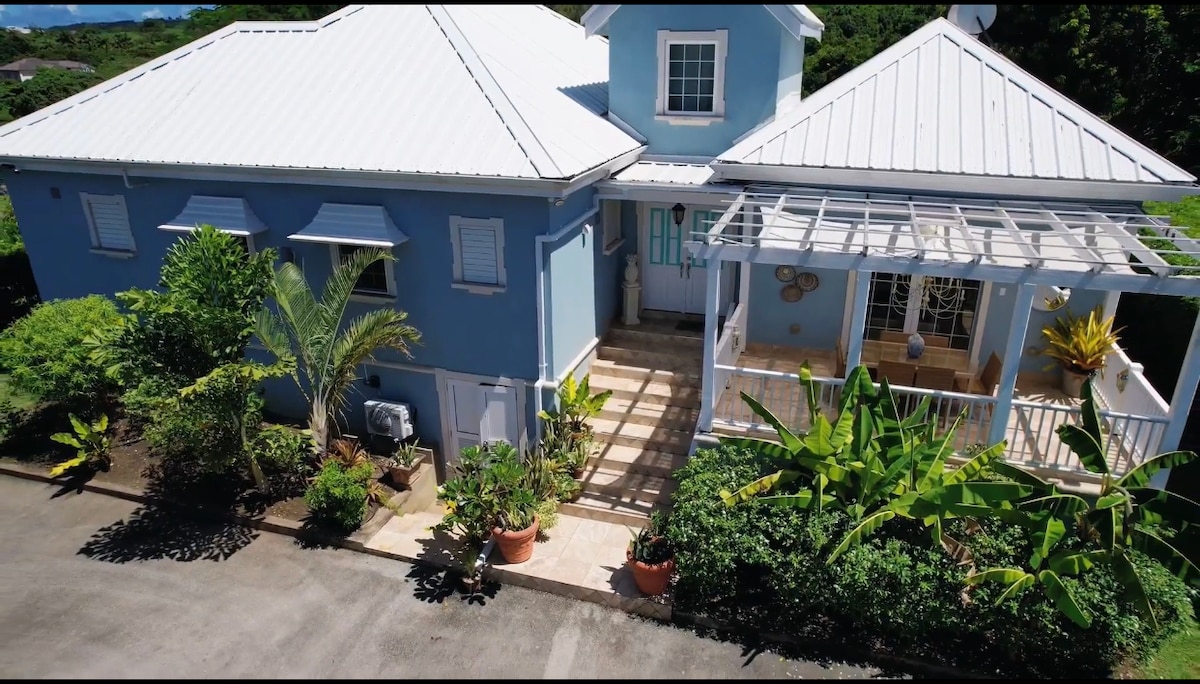The exterior of a charming blue house is highlighted, surrounded by lush greenery and potted plants. A welcoming front entrance is framed by a covered porch with decorative elements. Steps lead up to the entrance, enhancing the inviting appearance of the property.