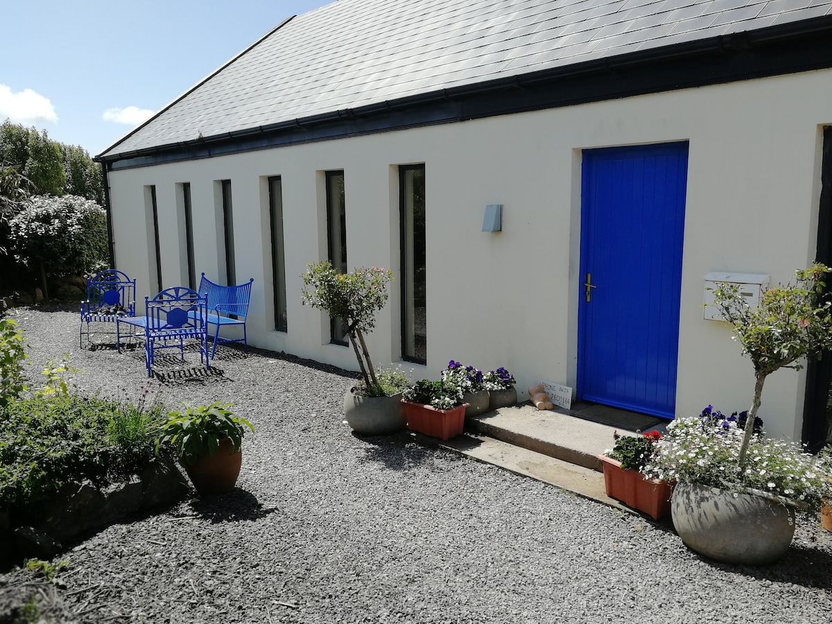 A charming exterior showcases a light-colored building featuring multiple large windows. A vibrant blue door serves as the entrance, and a gravel path leads to it. Colorful planters filled with flowers and two blue chairs provide a welcoming outdoor seating area.