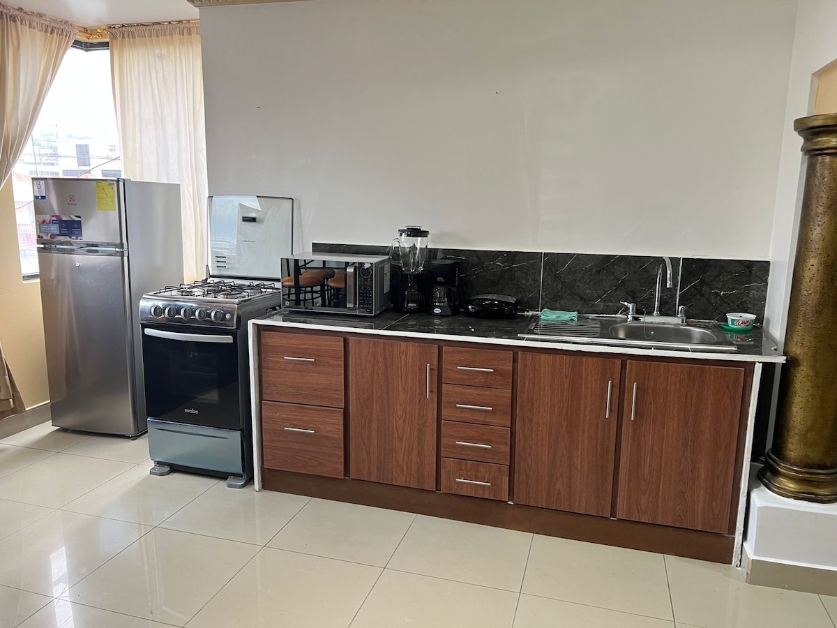 A modern kitchen is presented, featuring a stainless steel refrigerator and a gas stove. Dark cabinetry complements the light countertops. Two sinks are integrated into the countertop, and small appliances are neatly arranged, with natural light filtering in through the window draped with light curtains.