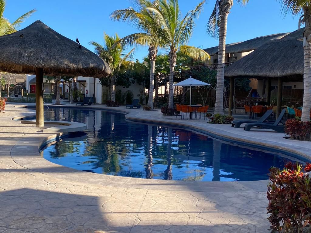A large swimming pool is framed by lush greenery and palm trees. Thatched umbrellas provide shaded seating areas around the pool. Comfortable lounge chairs are positioned near the water, and a gathering area with tables is visible in the background.