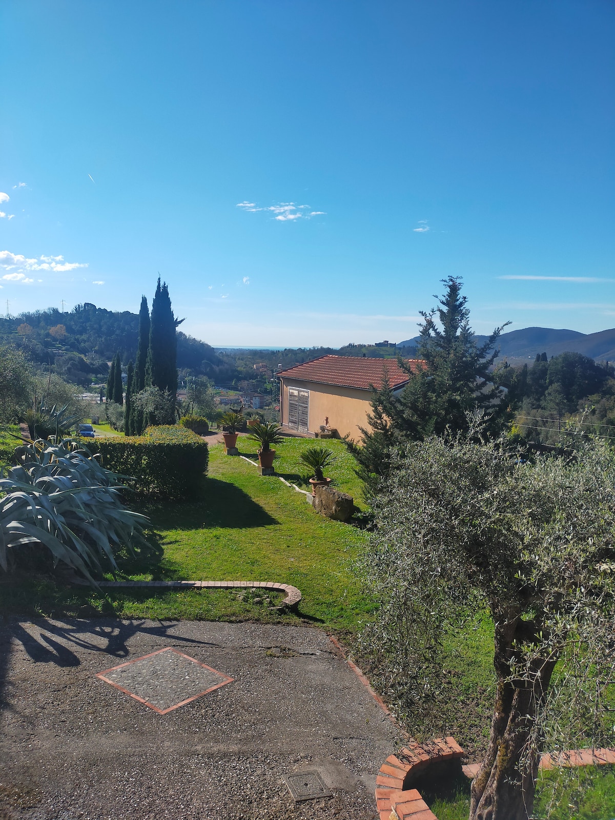 A serene outdoor space is presented, featuring well-maintained grassy areas and decorative plants. In the background, a charming building is visible, complemented by a lush hillside. Clear blue skies stretch above, enhancing the peaceful atmosphere of the landscape.