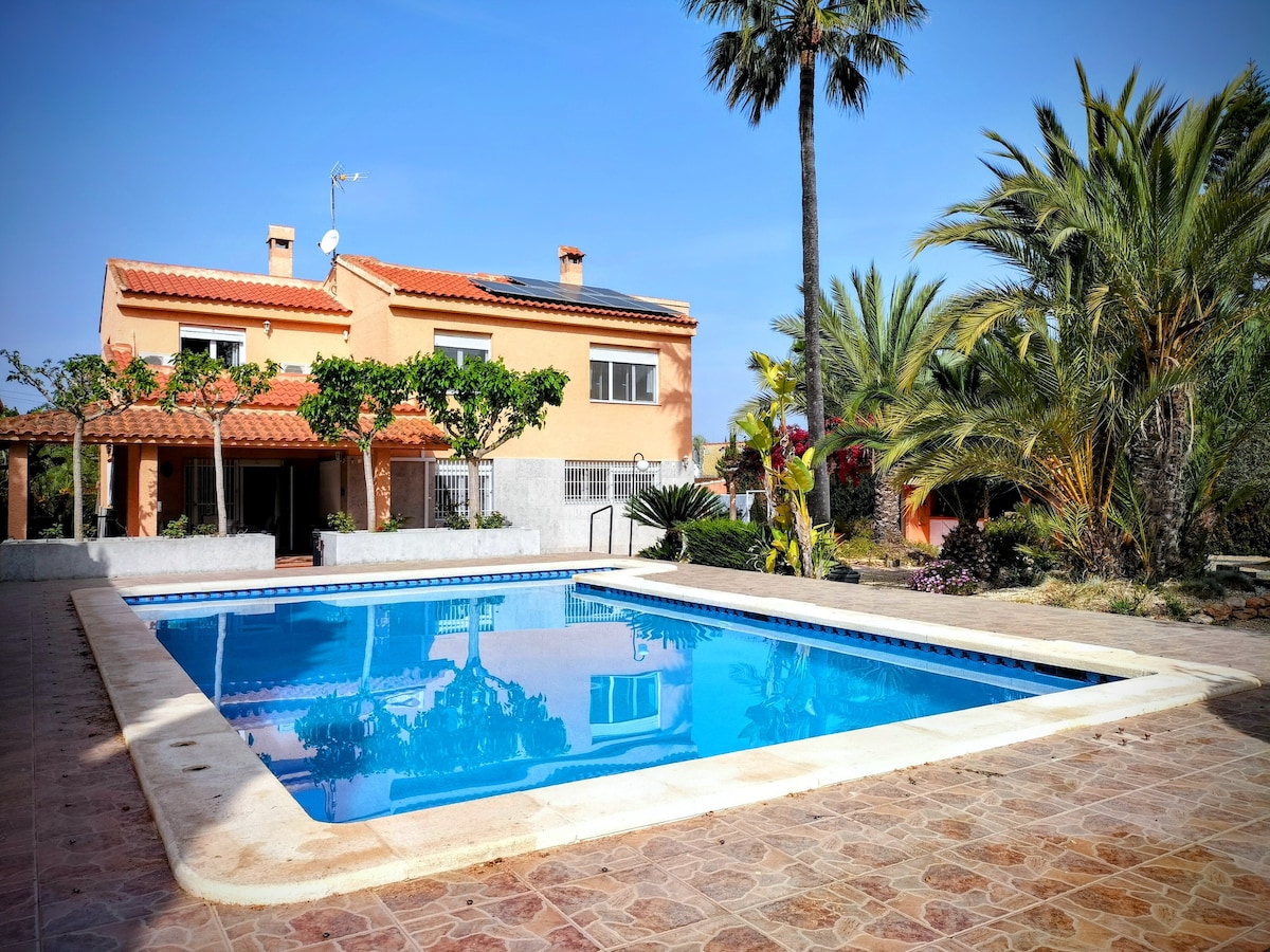 The exterior features a spacious salt-water pool surrounded by a tiled deck and tropical landscaping. The two-story villa is visible in the background, showcasing a red-tiled roof and large windows that reflect the clear blue sky. Palm trees add to the serene atmosphere.