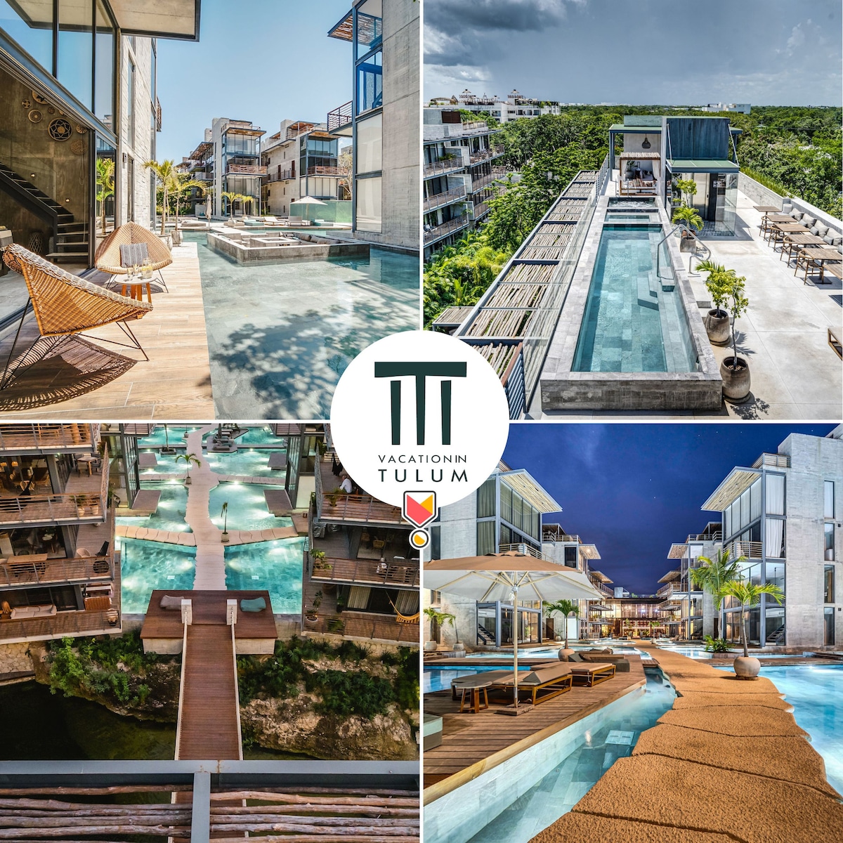 Multiple views of the complex showcase an inviting layout featuring swim-up patios and luxurious lagoon pools. A wooden bridge spans a natural cenote, and the rooftop offers panoramic views of the surrounding lush landscape, emphasizing the property's connection to nature.